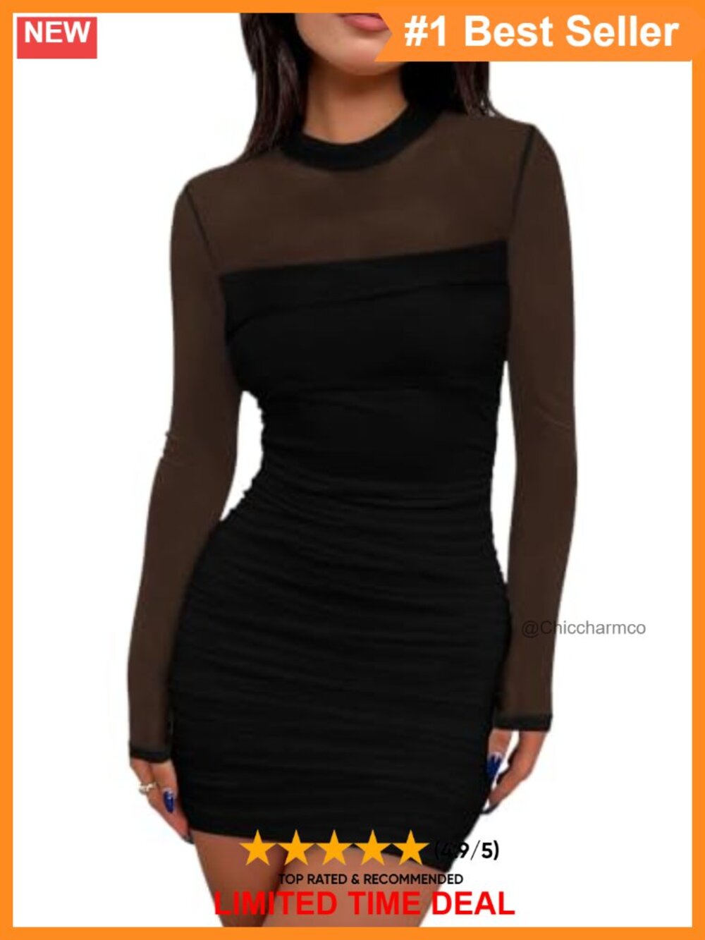 Women's Sheer Mesh Long Sleeve Ruched Bodycon Mini Dress Mock Neck